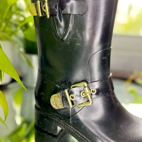 Vince Camuto Rain Boots With Gold Accents Rubber and Black Boots Size 6​​​ - Picture 6 of 14